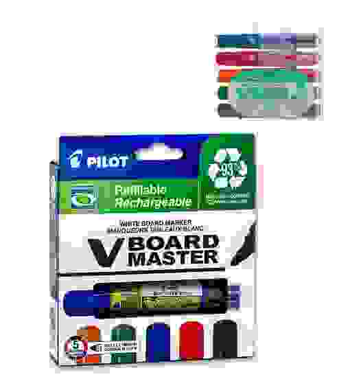 Набор маркеров PILOT V-BOARD Master по доске, 5 цв, 2-4 мм, сменный картридж